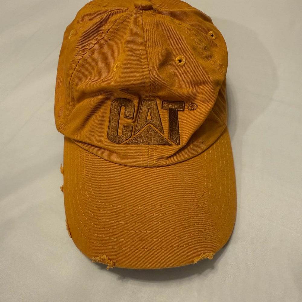 CAT Caterpillar Distressed Dad Hat Orange Adjustable Cap